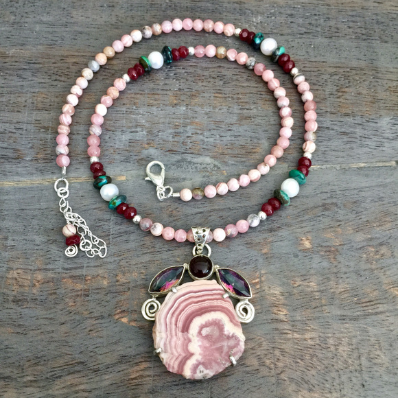 Artisan Jewelry - Pink Gemstone Pendant Mystic Topaz Beaded Necklace